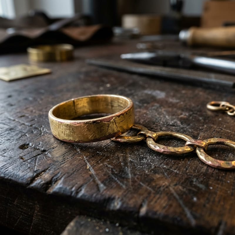 Abgeriebene Ringunterseite und Armbandglieder im Streiflicht, der rötliche Kern schimmert durch die Auflage.