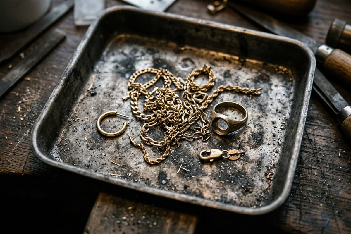 Bruchgold auf Stahlschale: geknickte Kettenstücke, einzelner Ohrring, Ring ohne Stein.