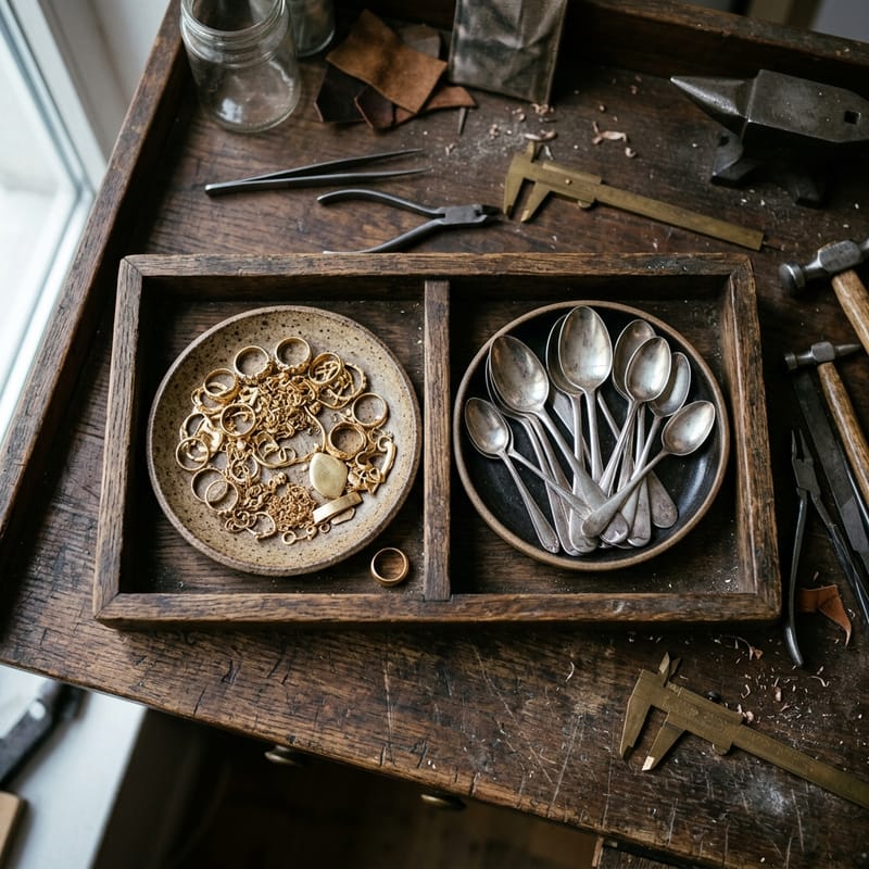 Holztablett mit getrennten Schalen: in der einen Goldschmuck, in der anderen massive Silberlöffel.