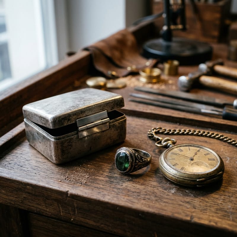 Silberne Deckeldose mit sauberem Scharnier, eine alte Ringfassung mit Stein und eine Taschenuhr liegen getrennt auf einem Tablett.