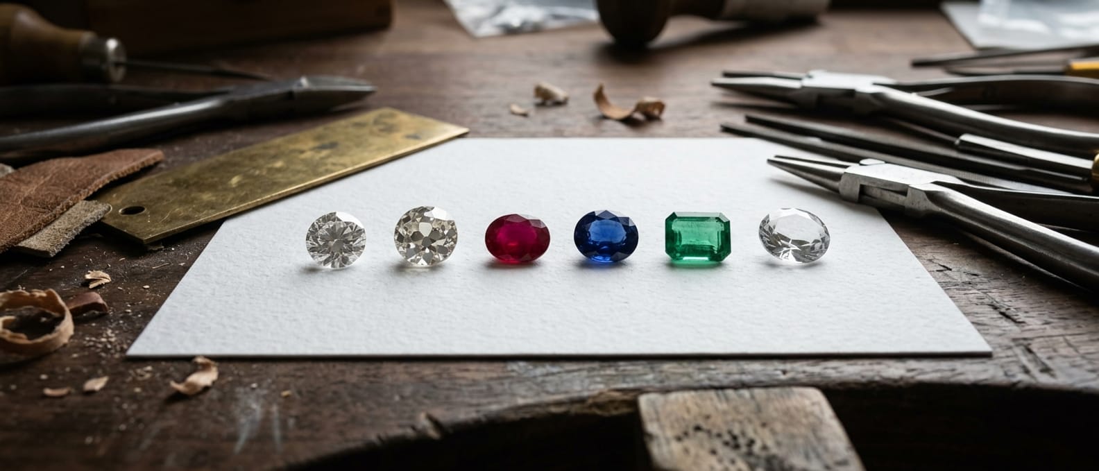 Weißes Steinpapier in ganzer Breite, darauf nebeneinander ein Rundbrillant, ein Altschliff mit hoher Krone, ein roter und ein blauer Korund, ein grüner Beryll und ein farbloses Glasimitat.