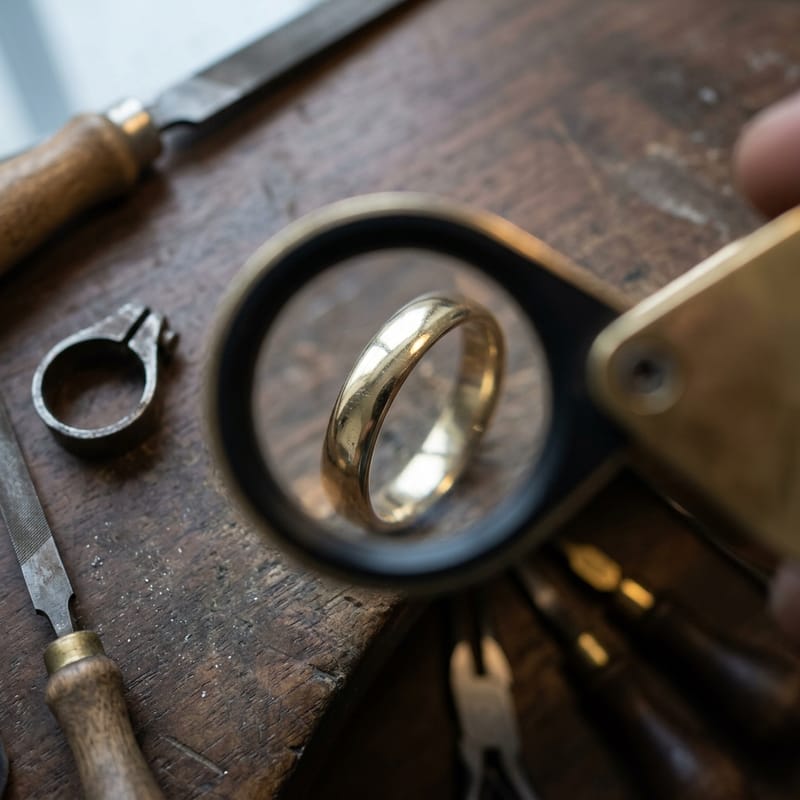 Zehnfachlupe über der Innenseite eines Goldrings auf der Werkbank.
