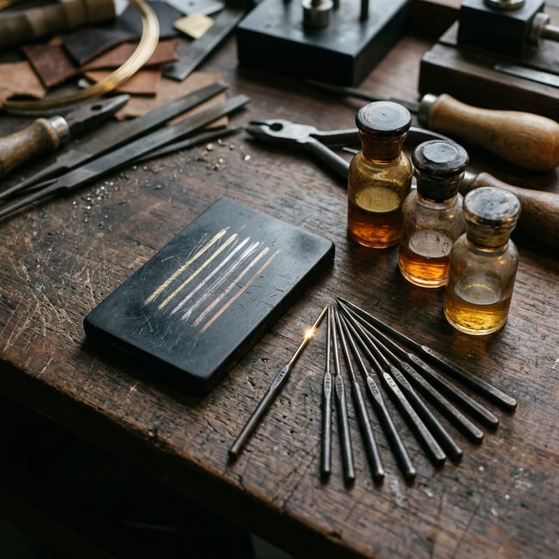 Schwarzer Prüfstein mit mehreren Metallstrichen, daneben Prüfnadeln und kleine Säurefläschchen.