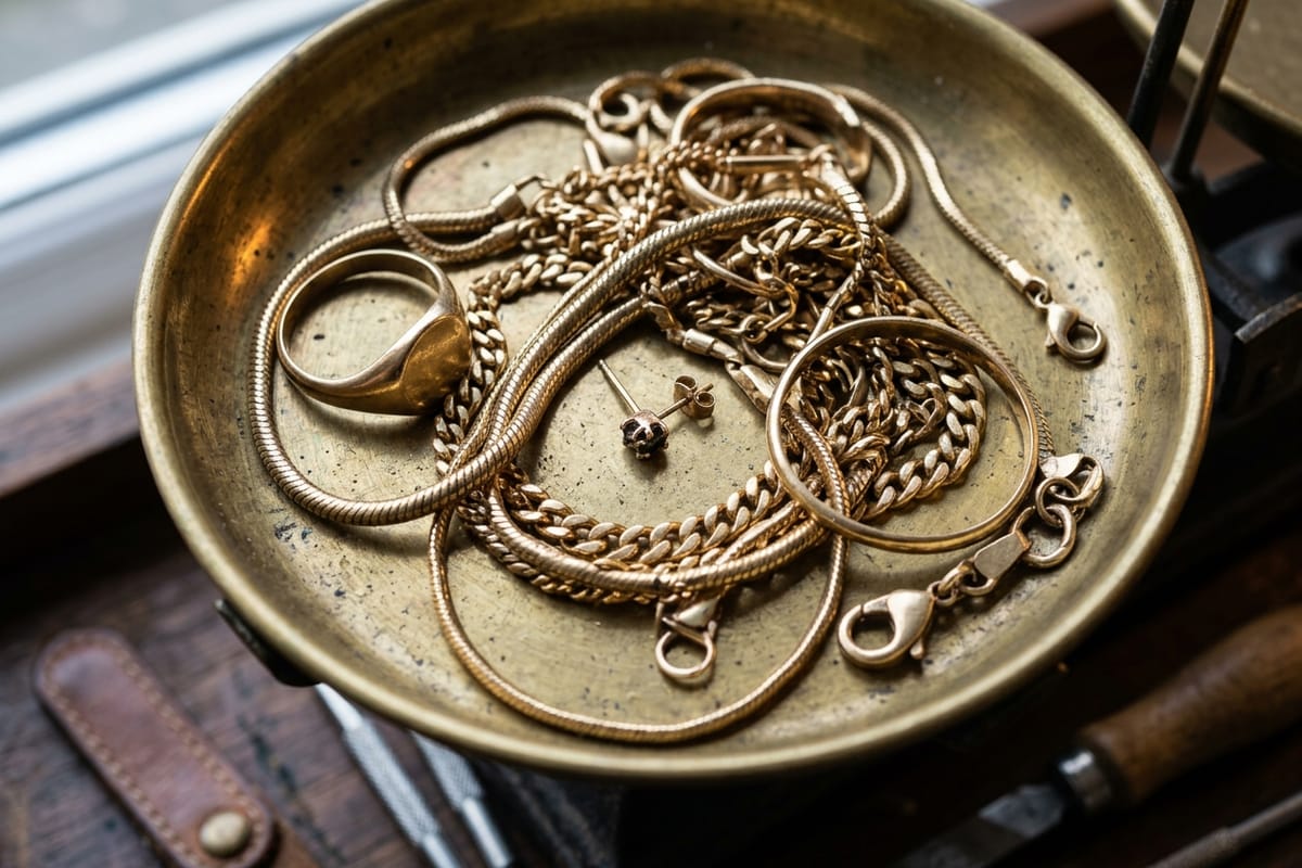 Messingwaagschale mit Goldketten und Ringen auf dem Ladentisch, daneben Lupe und Prüfnadeln.