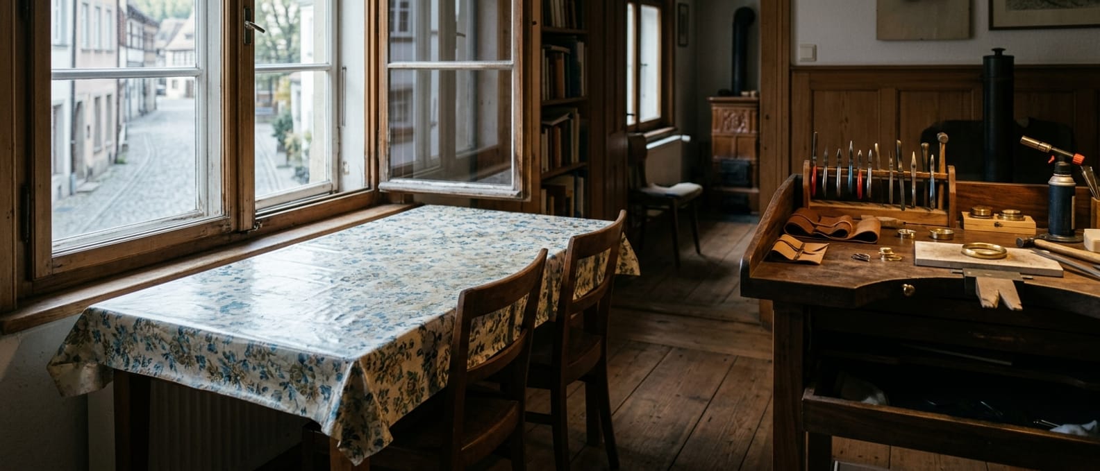 Freigeräumter Esstisch am Fenster mit Wachstuchdecke, zwei leeren Stühlen und Tageslicht von der Seite