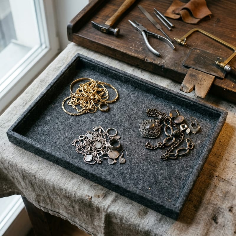 Filztablett auf einer Tischdecke, darauf mehrere getrennte Häufchen Schmuck aus Gold, Silber und Modeschmuck