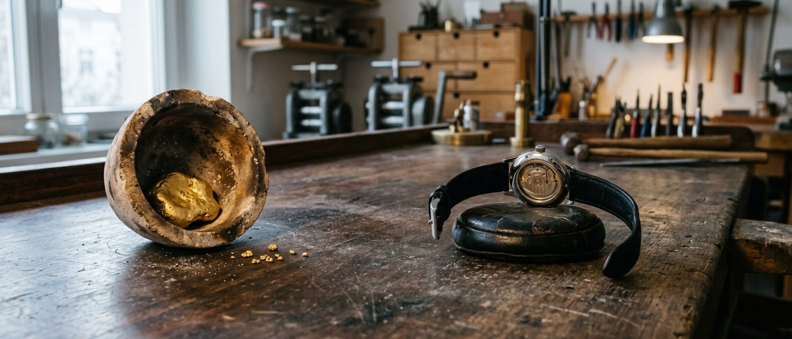 Werkbank in der Breite: links ein Schmelztiegel mit erkaltetem Goldklumpen, rechts eine vollständige Armbanduhr auf dem Uhrmacherkissen.