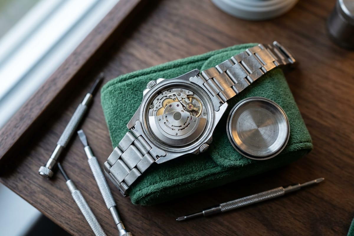 Armbanduhr verdeckt auf Uhrmacherkissen, geöffneter Gehäuseboden zeigt das Werk, Werkzeug daneben.