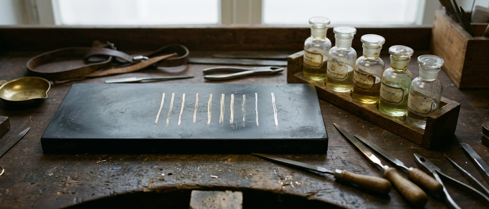 Dunkler Prüfstein in ganzer Breite mit mehreren nebeneinander gezogenen Metallstrichen, daneben eine Reihe kleiner Säurefläschchen mit Glasstopfen.