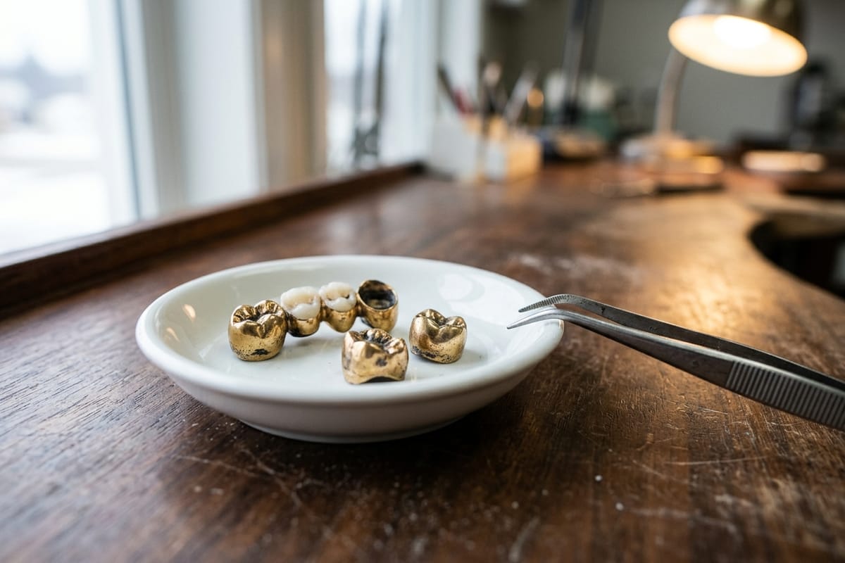 Zahngoldkronen mit Keramikresten in einer weißen Porzellanschale, daneben feine Pinzette.