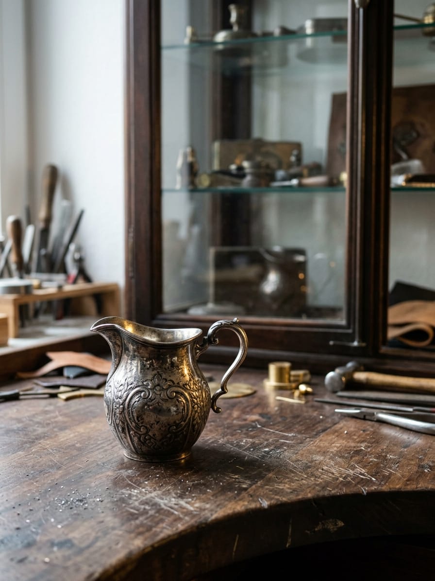 Ein antikes Silberkännchen mit dunkler Patina steht auf einer abgenutzten Werkbank, dahinter unscharf die halb geöffnete Glastür einer Vitrine