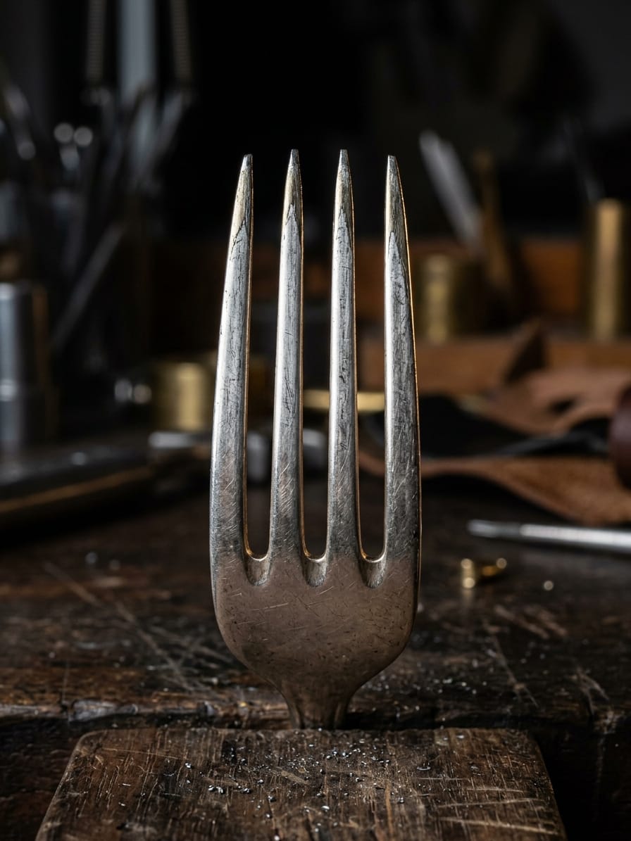 Zinken einer Gabel von vorn, aufrecht auf einem Holzblock stehend, an Spitzen und Außenkanten heller Metallglanz, die Fläche fein zerkratzt