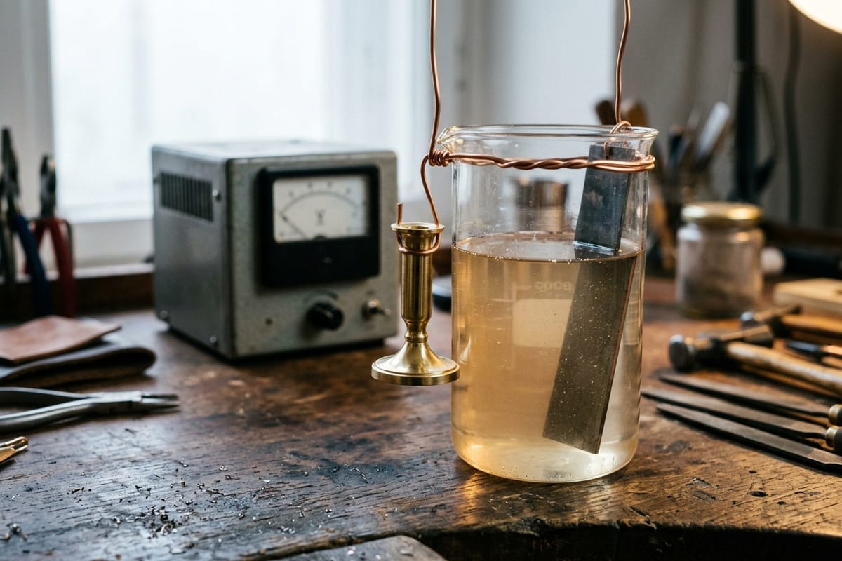 Messingleuchter, der an Kupferdraht neben einem Becherglas mit Elektrolyt hängt, Anodenplatte im Glas, Gleichrichter dahinter