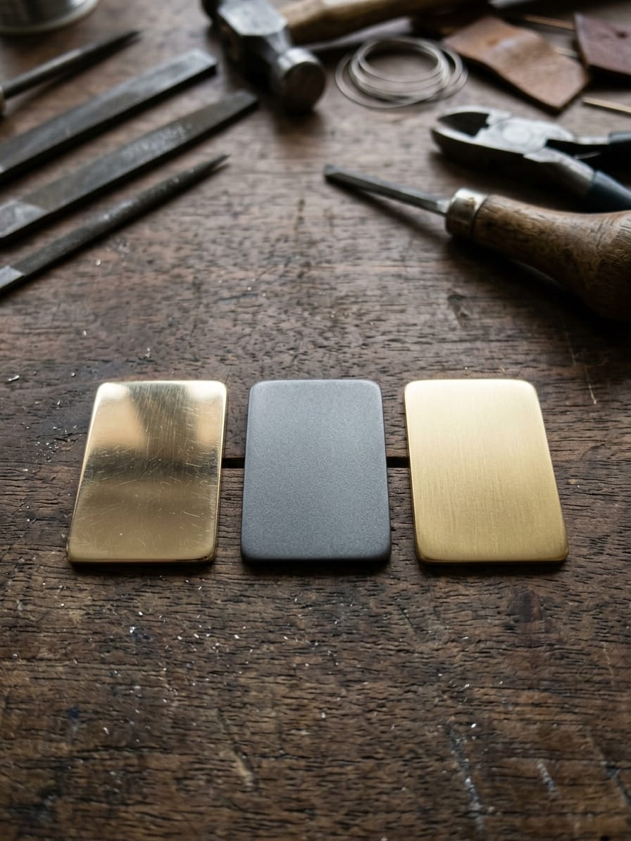 Drei Metallplättchen nebeneinander auf der Werkbank: blankes Messing, mattgraue Zwischenschicht und goldene Endschicht