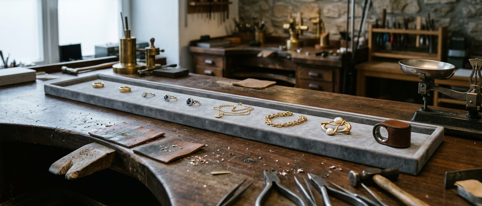 Ladentisch von der Seite: ein langer Samtteller mit einzeln ausgelegten Ringen, Ketten und einer Brosche, am Rand eine Lupe und die Schale einer Feinwaage.