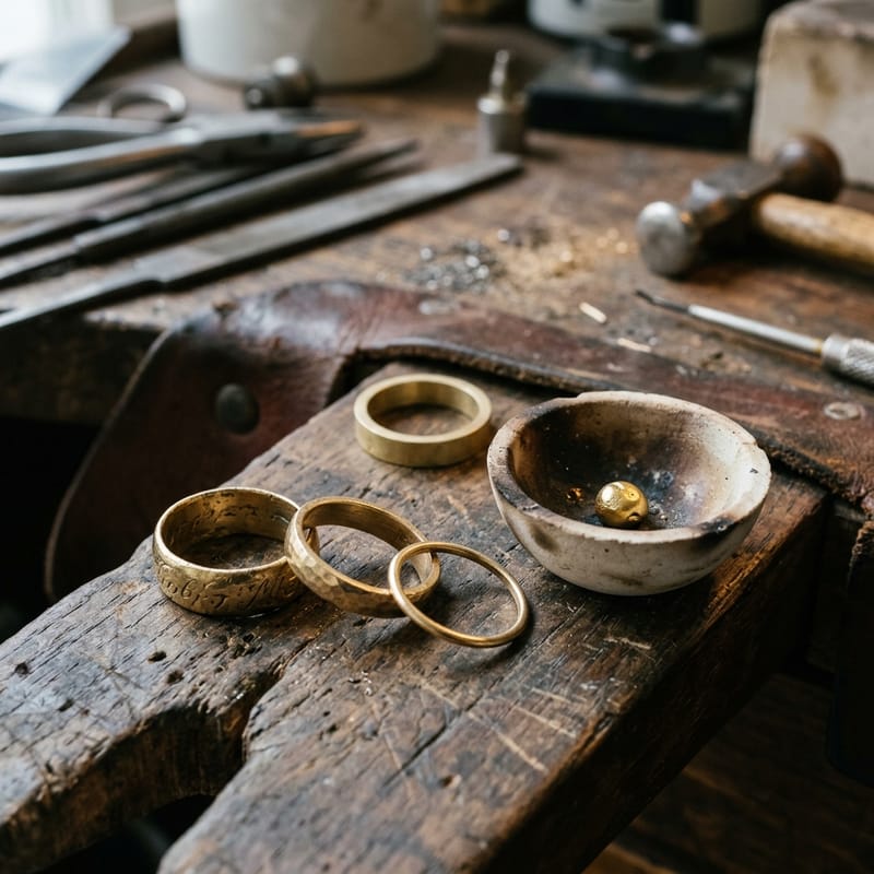 Drei alte Ringe liegen neben einem kleinen Schmelztiegel mit einem erkalteten Goldkorn, dahinter ein Ringrohling auf dem Werkbrett.