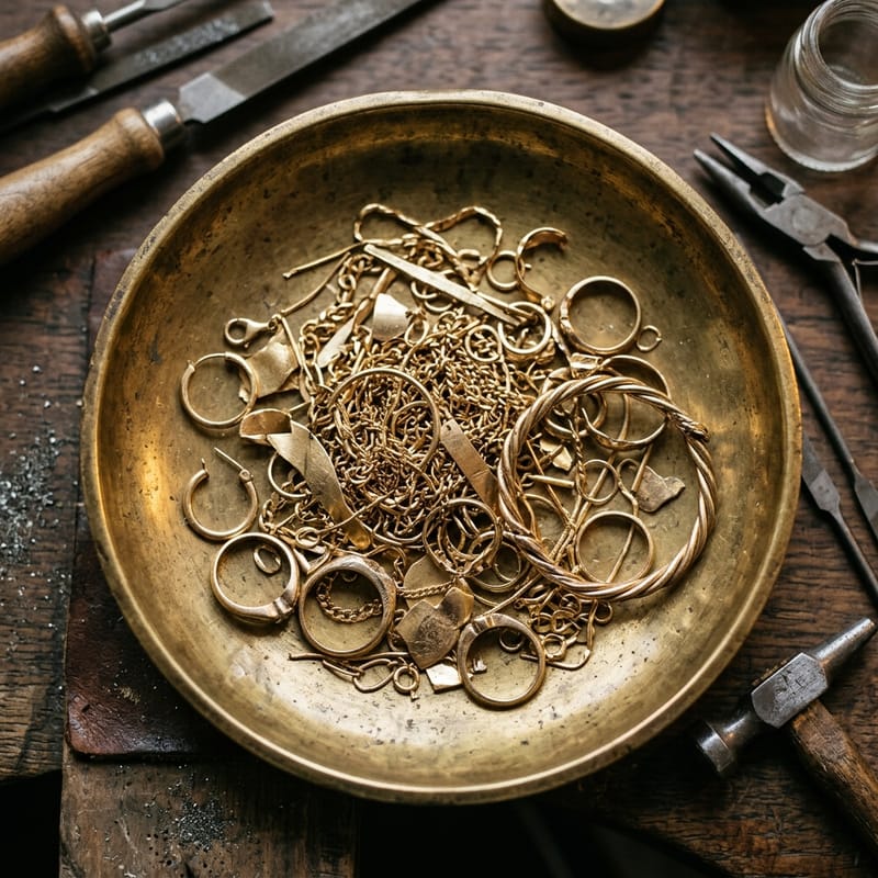 Flache Messingschale mit einem Häufchen Bruchgold aus verknoteten Kettenstücken, einzelnen Ohrringen und verbogenen Ringschienen.