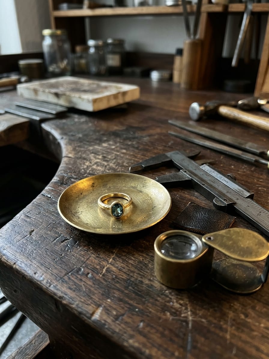 Ein einzelner Ring mit gefasstem Stein liegt auf einem Messingteller, daneben ein aufgeklappter Messschieber und eine Steinlupe.