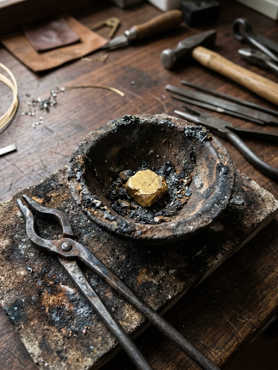 Flacher Schmelztiegel mit einem erkalteten Goldkorn, am Rand dunkle Schlackereste und Ruß, daneben eine Tiegelzange.
