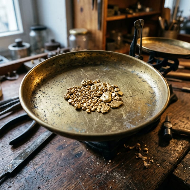 Ein Häufchen gleichfarbiger Goldstücke liegt in der flachen Schale einer Feinwaage, die auf einer dunklen Steinplatte steht.