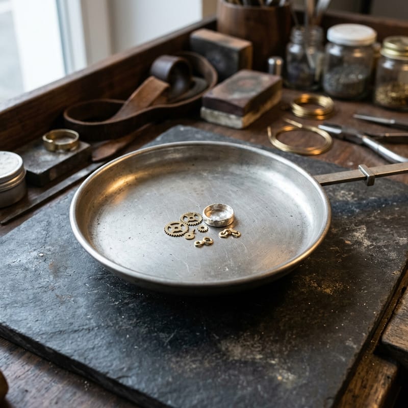 Wenige kleine Metallteile liegen in der flachen Schale einer Feinwaage auf einer dunklen Steinplatte.