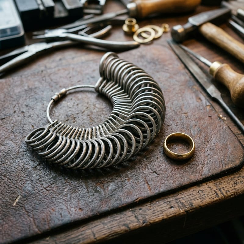 Aufgefächerter Ringmaßsatz aus Stahlringen neben einem getragenen Goldring auf der Ladentheke