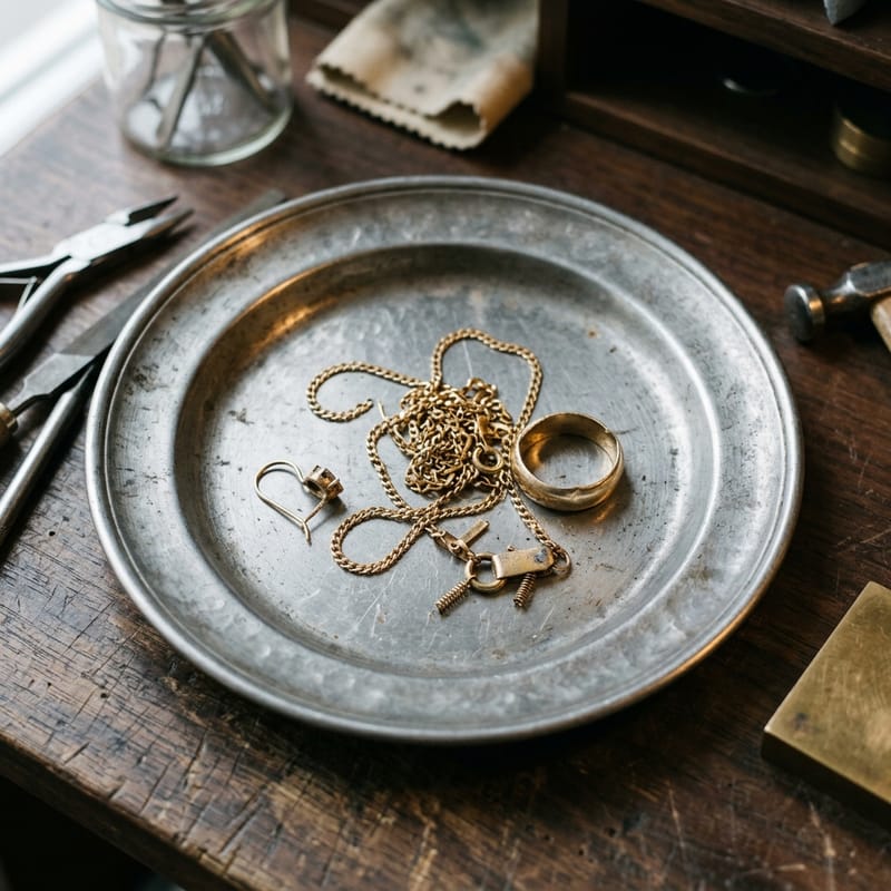 Flache Schale mit Bruchgold: gerissene Kette, einzelner Ohrring und ein verbogener Ring
