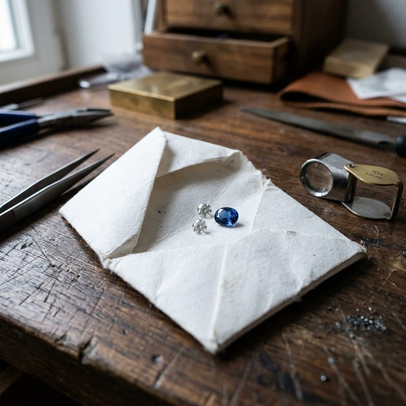 Lose Brillanten und ein Saphir auf einem gefalteten Papierbriefchen, daneben Pinzette und Lupe
