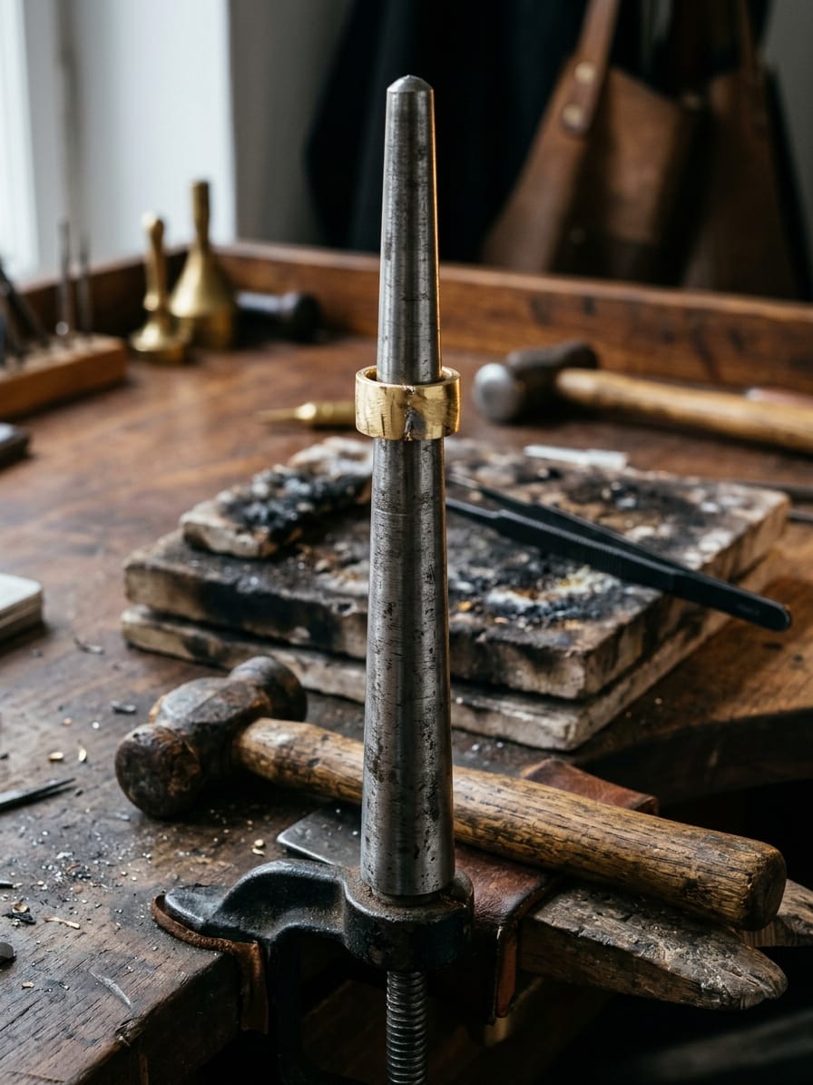 Halbfertige Ringschiene auf einem Stahlriegel, daneben Holzhammer und verrußter Lötklotz