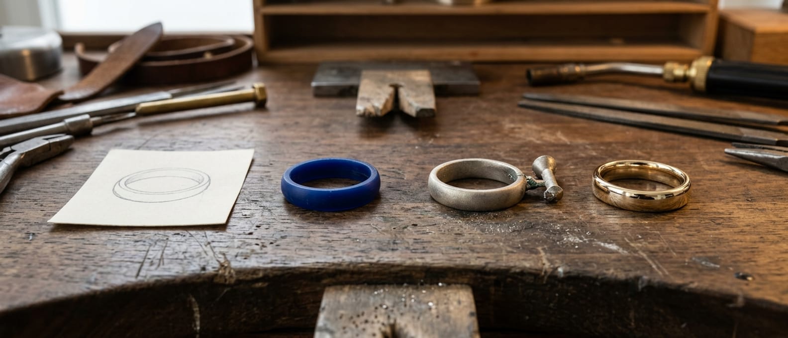 Vier Stationen nebeneinander auf der Werkbank: Bleistiftskizze, blaues Wachsmodell, roher Gussring am Gusszapfen und ein polierter Ring