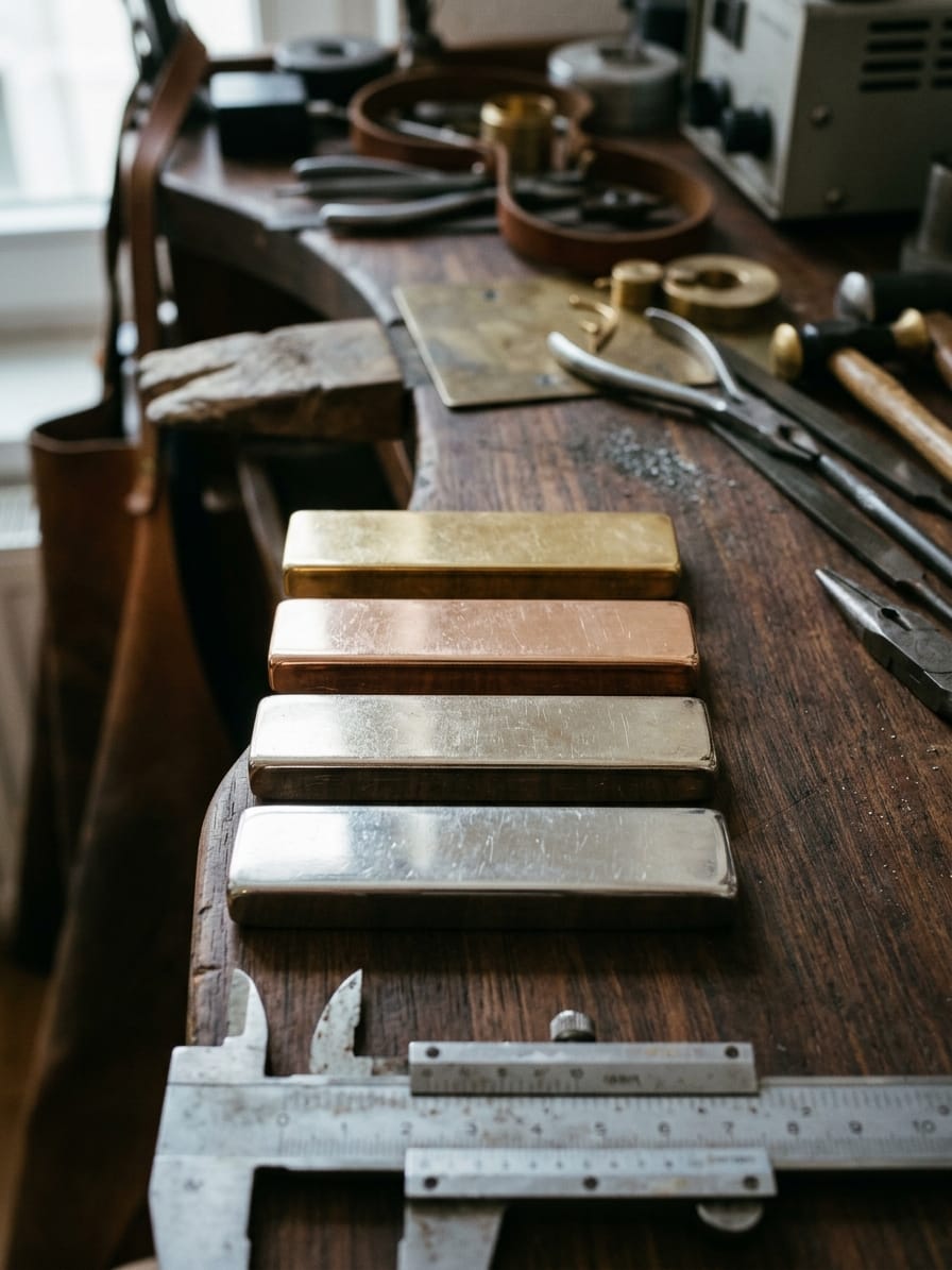Vier Metallstäbe nebeneinander auf dunklem Holz: Gelbgold, Rotgold, Weißgold und Platin