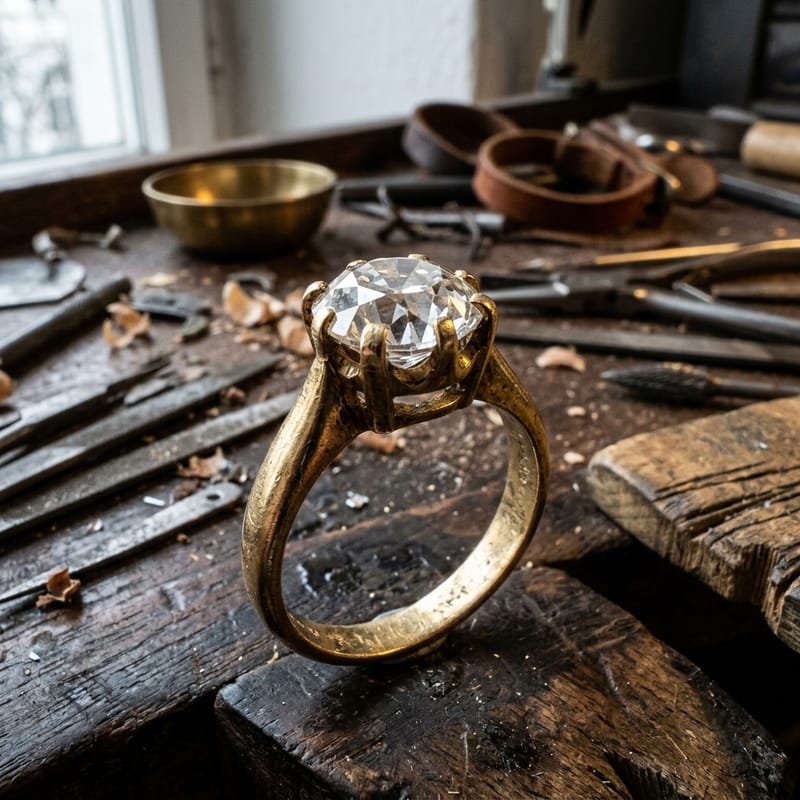 Altschliff-Diamant in abgenutzter Gelbgold-Krappenfassung, hohe Krone und offene Kalette sichtbar