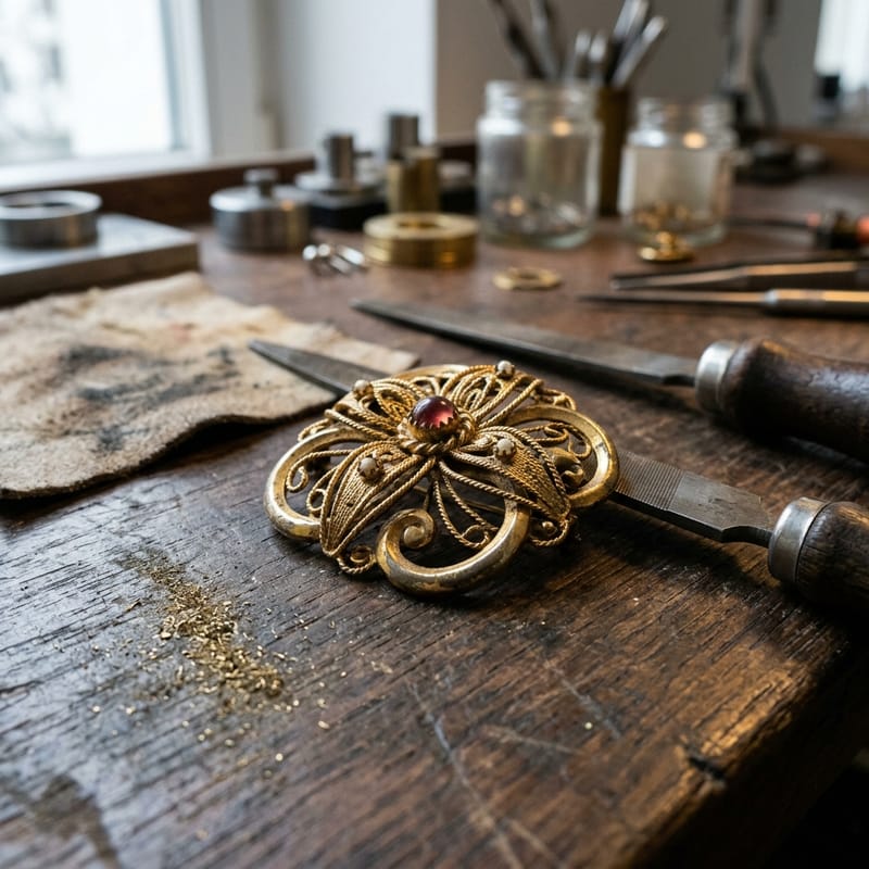 Vergoldete Tombak-Brosche der fünfziger Jahre, an den Kanten ist die Auflage bis auf das Grundmetall durchgerieben