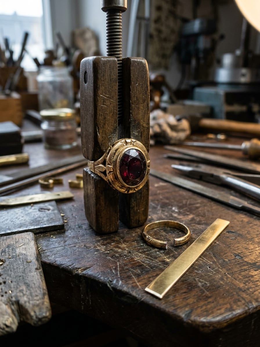 Alter Ringkopf mit Granat in der Ringklemme, die dünn gelaufene Schiene ist abgetrennt, daneben liegt ein frischer Goldstreifen