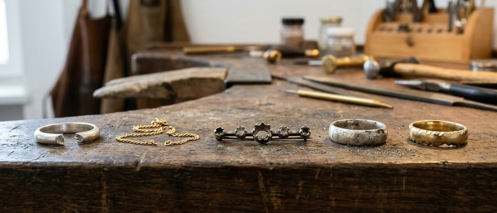 Fünf beschädigte Schmuckstücke nebeneinander auf einem Werkbrett: ein aufgetrennter Ring, eine gerissene Kette, eine Brosche mit leerer Fassung, ein stumpfer weißer Ring und ein Trauring mit scharfer Kante.
