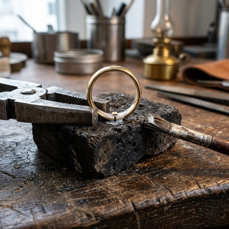 Ein Goldring steht in einer Lötklemme auf der Lötunterlage, die Fuge weiß von Borax, daneben ein Schnipsel Lot und der Boraxpinsel.