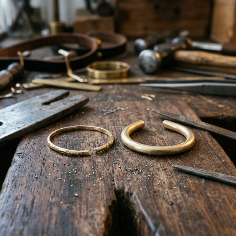 Eine dünn gelaufene, herausgetrennte Ringschiene liegt neben einem frisch gebogenen Ersatzstück aus gleichem Draht auf dem Werkbrett.