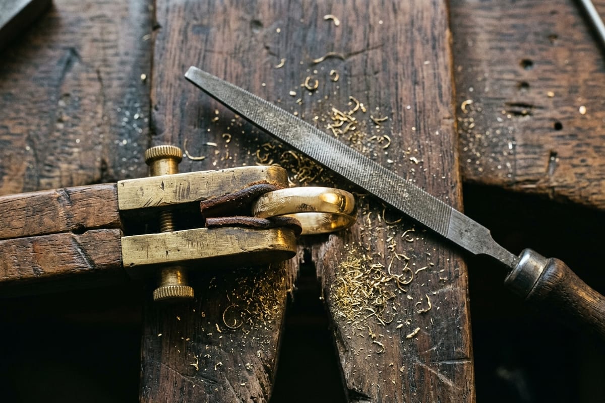 Aufsicht auf eine Goldschmiedewerkbank mit Werkbrett, Fellschurz, Feilen und drei unfertigen Goldstücken