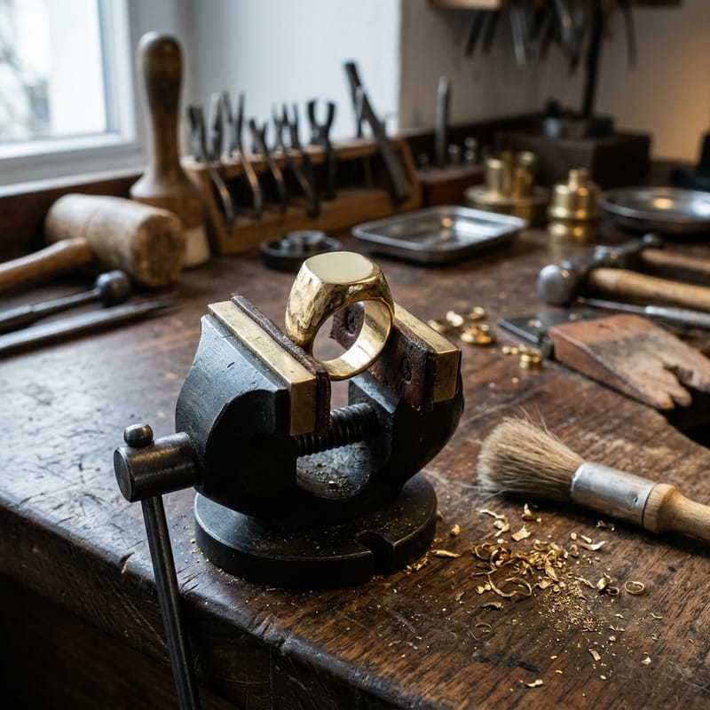 Gravierkugel auf der Werkbank mit eingespanntem Gelbgold-Siegelring, Pinsel und Metallspänen