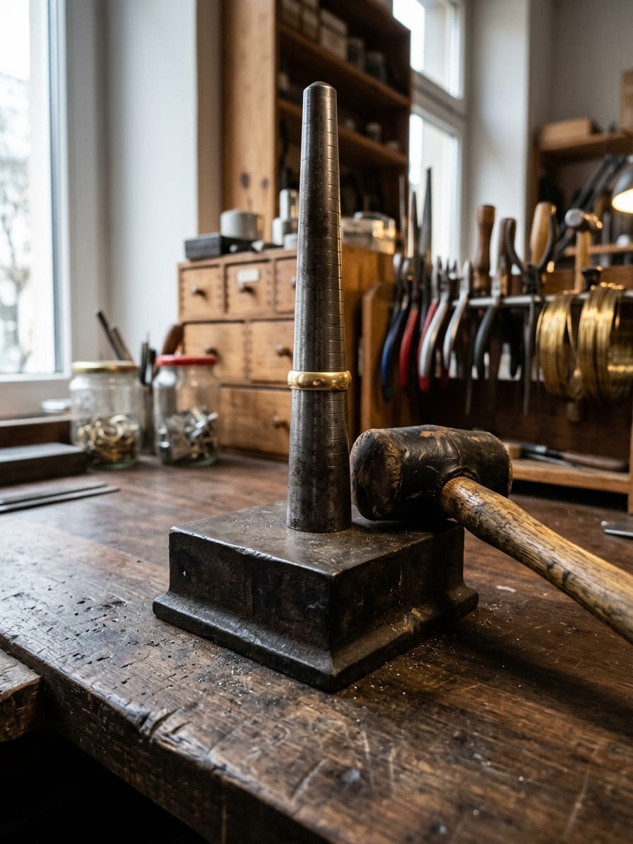 Glatter Goldring auf einem konischen Stahldorn im Werkbankklotz, daneben ein Rohhauthammer