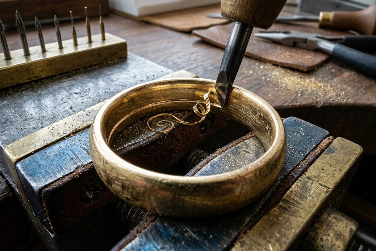 Gelbgold-Siegelring in der Gravierkugel mit Ornamentschnitt, Stichel und Metallspänen