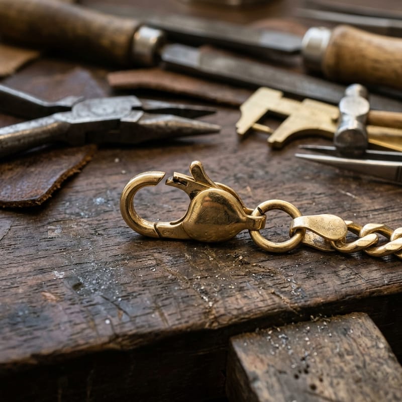 Goldener Karabiner mit halb geöffnetem Bügel, daneben das Endglied eines Armbands