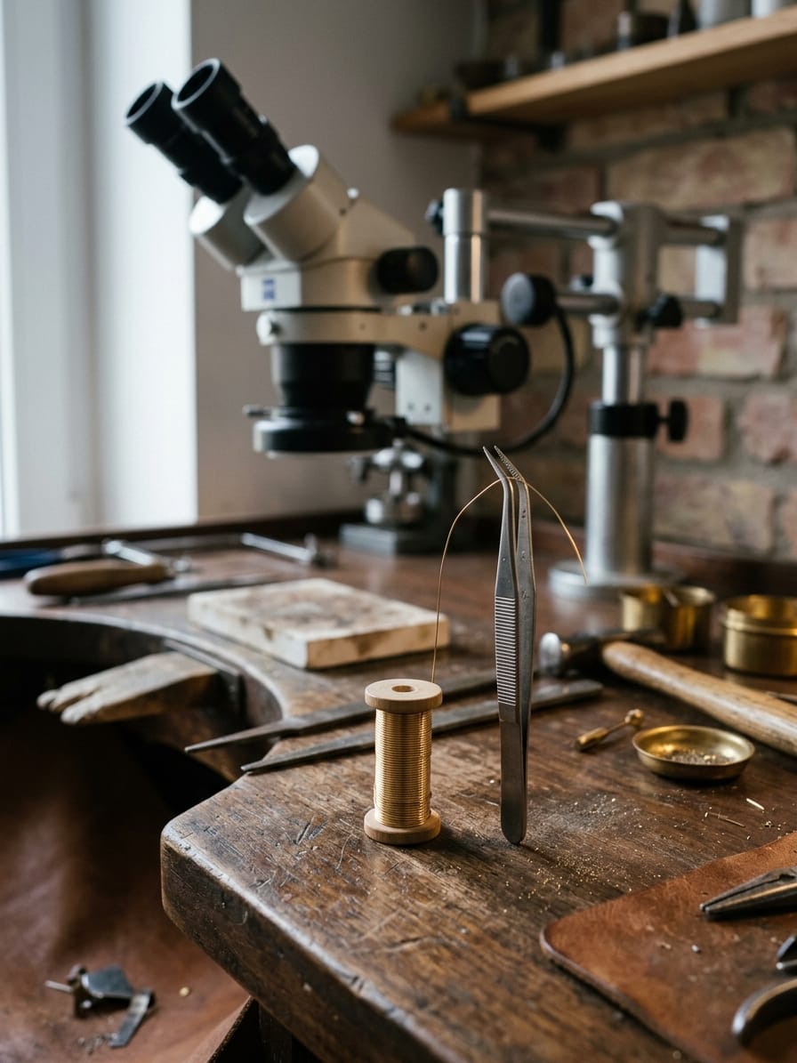 Spule mit feinem Golddraht und eine Kreuzpinzette vor den Okularen eines Stereomikroskops