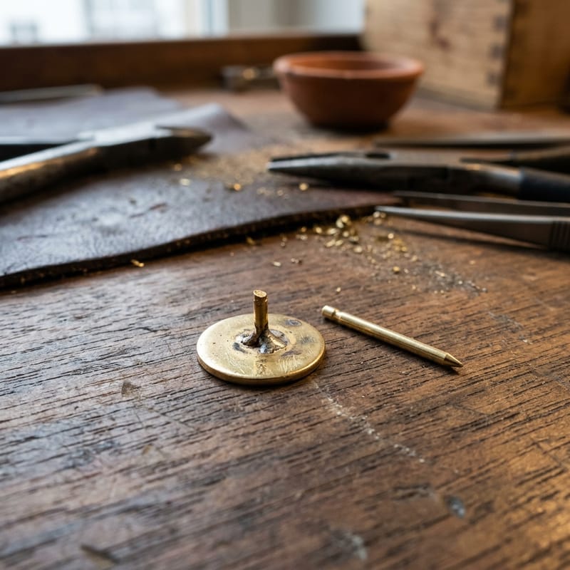 Rückseite einer goldenen Ohrringplatte mit abgebrochenem Stiftstumpf, daneben ein neuer gerader Stift