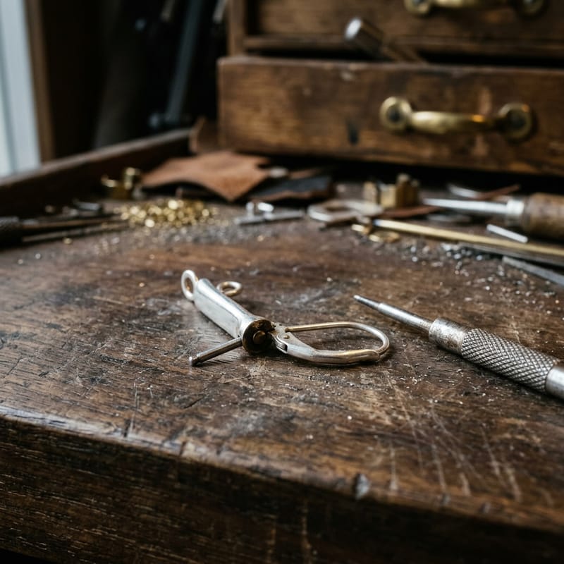 Aufgeklappte Brisur mit halb herausgeschobenem Scharnierstift, daneben ein feiner Durchschlag
