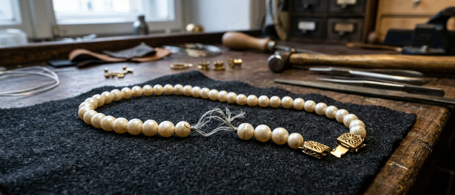 Cremefarbene Perlenkette auf dunklem Tuch, zwischen zwei Perlen liegt grauer ausgefranster Seidenfaden frei, am Ende ein geöffnetes Kastenschloss