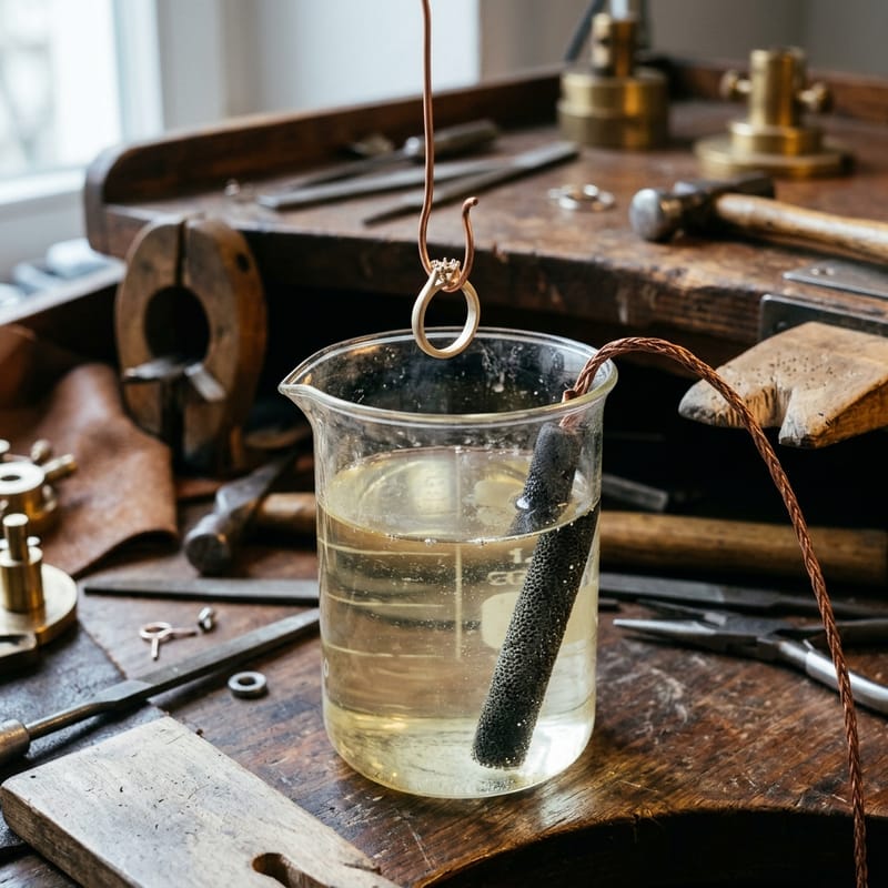 Glasbecher mit Rhodiumbad und Anodendraht, darüber hängt ein Weißgoldring an einem dünnen Haken