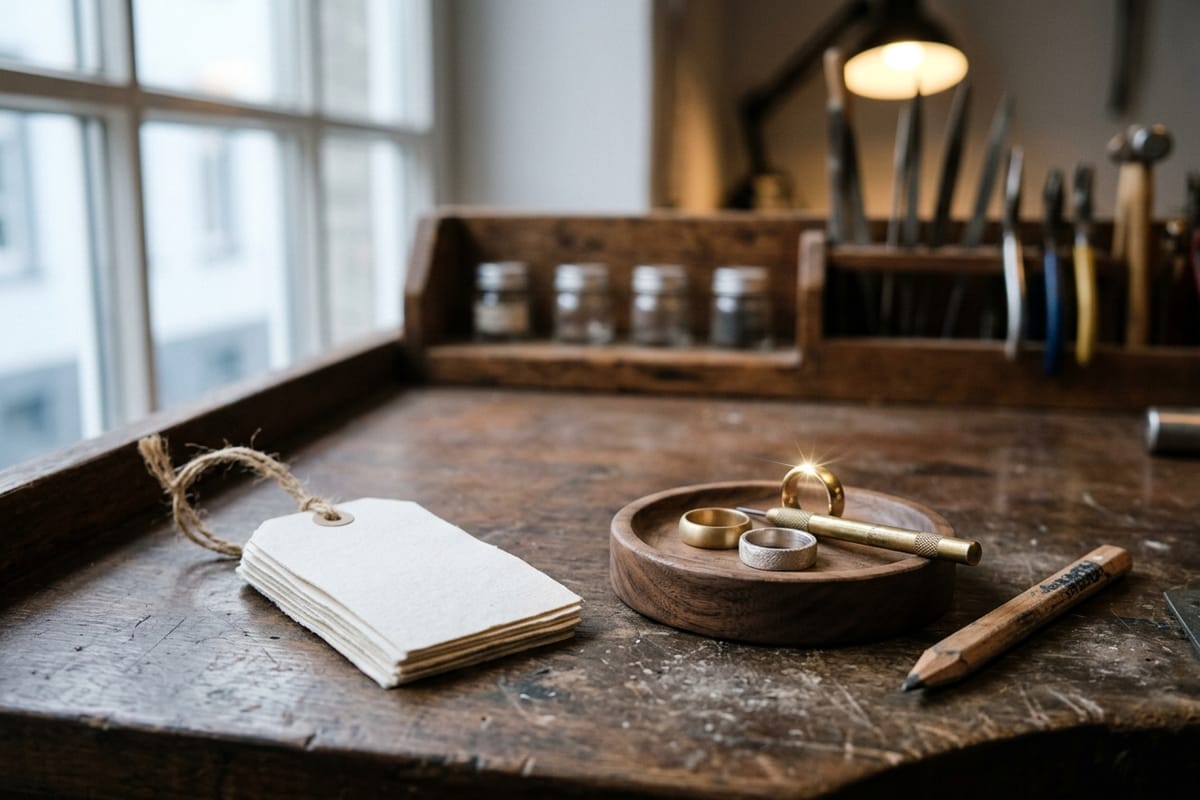 Ladentisch mit leeren Reparaturanhängern an Schnur, hölzerner Ringschale und Bleistift