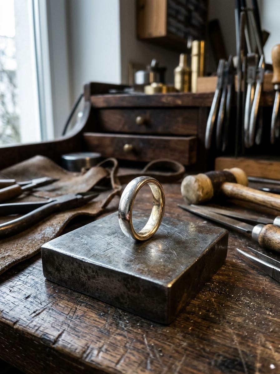 Weißgoldring hochkant auf einem Stahlblock, an Kanten und Innenseite schimmert die gelbliche Legierung durch