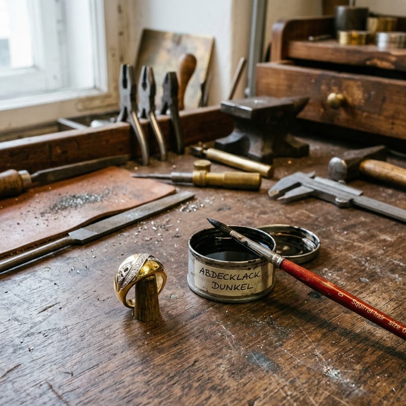 Ring mit gelb belassenen Flächen und weiß abgesetzten Fassungen, daneben Pinsel und geöffnete Dose Stopplack